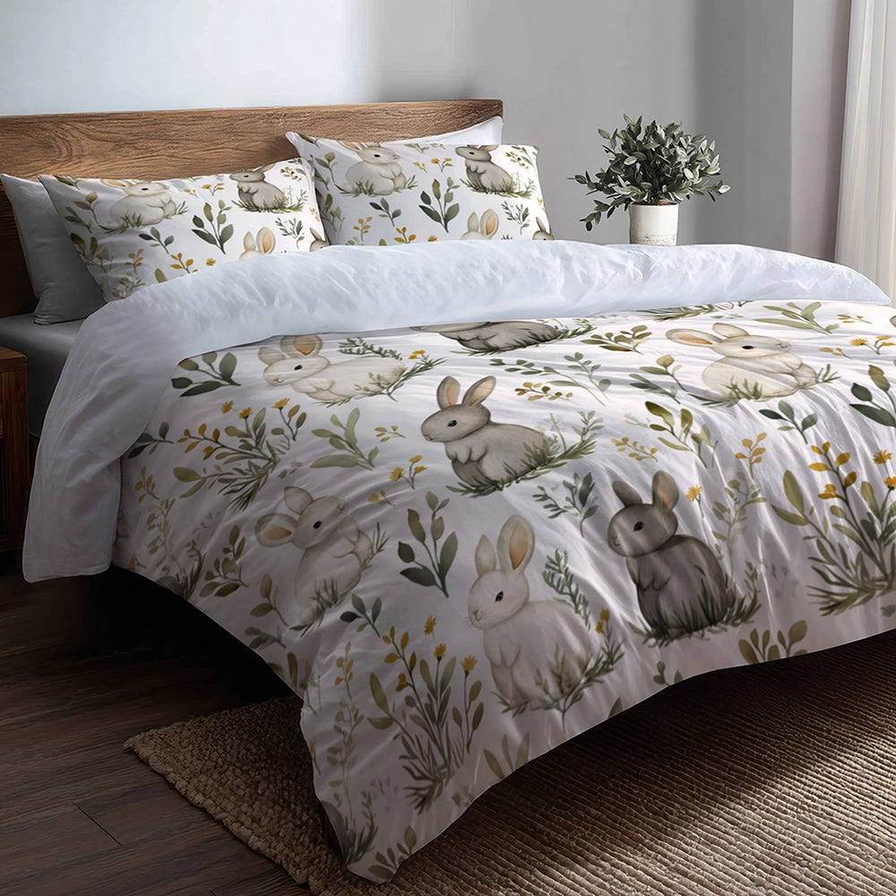 Country / Farmhouse Bedding Set of 5 - Bunny Garden Duvet Cover And Throw Pillow Set