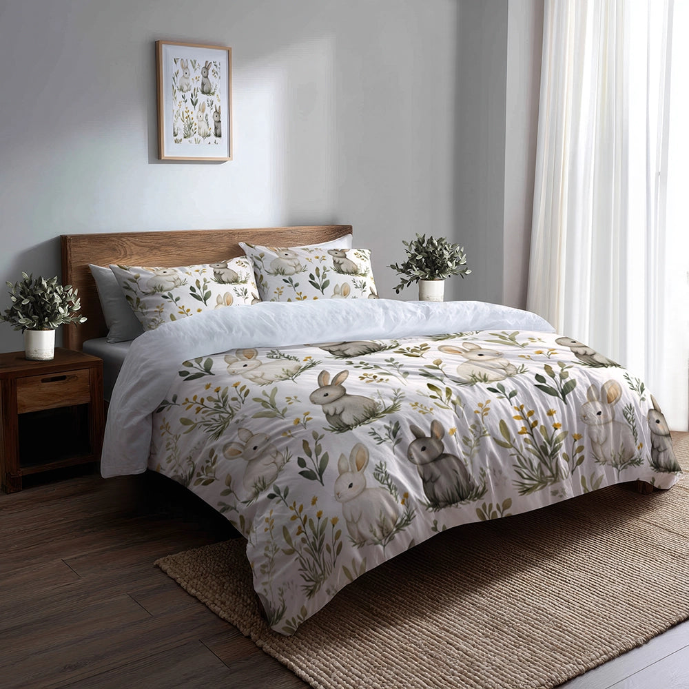 Country / Farmhouse Bedding Set of 5 - Bunny Garden Duvet Cover And Throw Pillow Set
