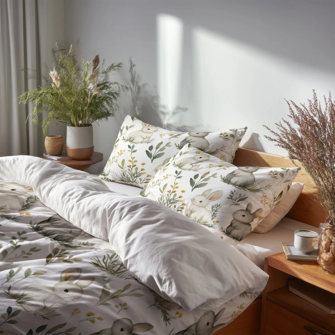 Country / Farmhouse Bedding Set of 5 - Bunny Garden Duvet Cover And Throw Pillow Set