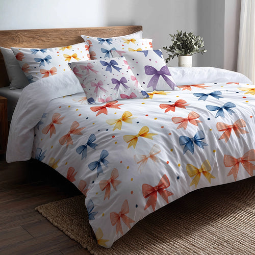 Dots 5 Pcs Bedding Set - Teens Ribbon Dots Duvet Cover And Pillow Set