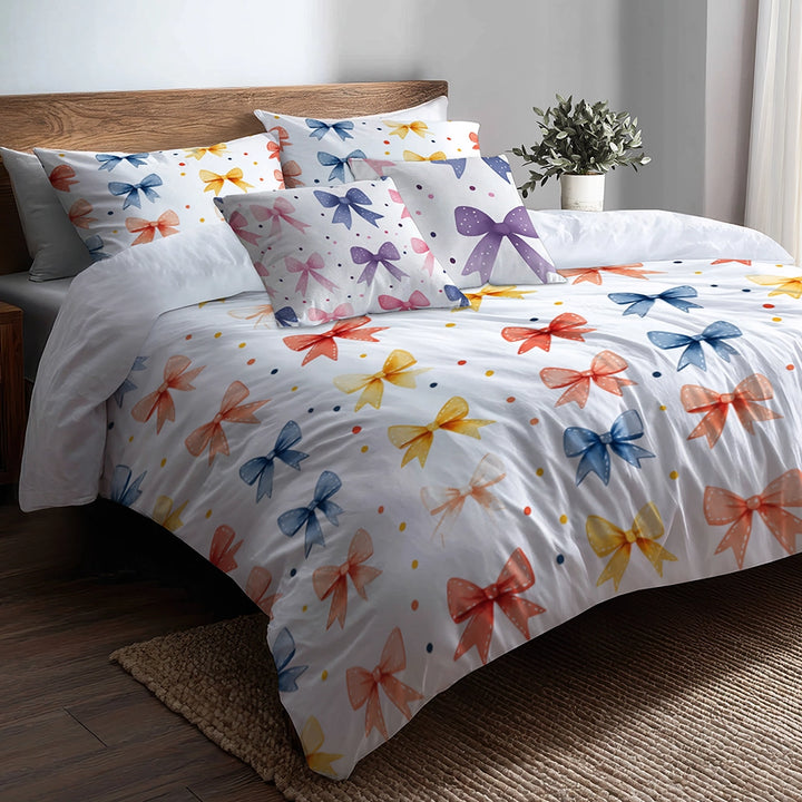 Dots 5 Pcs Bedding Set - Teens Ribbon Dots Duvet Cover And Pillow Set