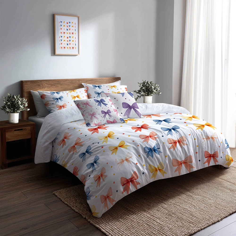 Dots 5 Pcs Bedding Set - Teens Ribbon Dots Duvet Cover And Pillow Set