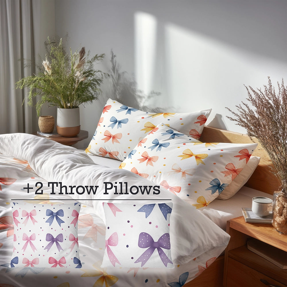 Dots 5 Pcs Bedding Set - Teens Ribbon Dots Duvet Cover And Pillow Set