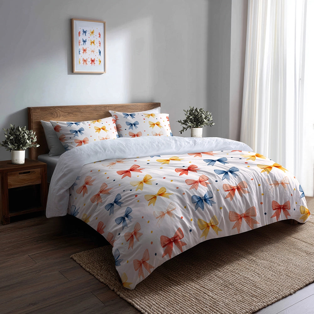 Dots 5 Pcs Bedding Set - Teens Ribbon Dots Duvet Cover And Pillow Set
