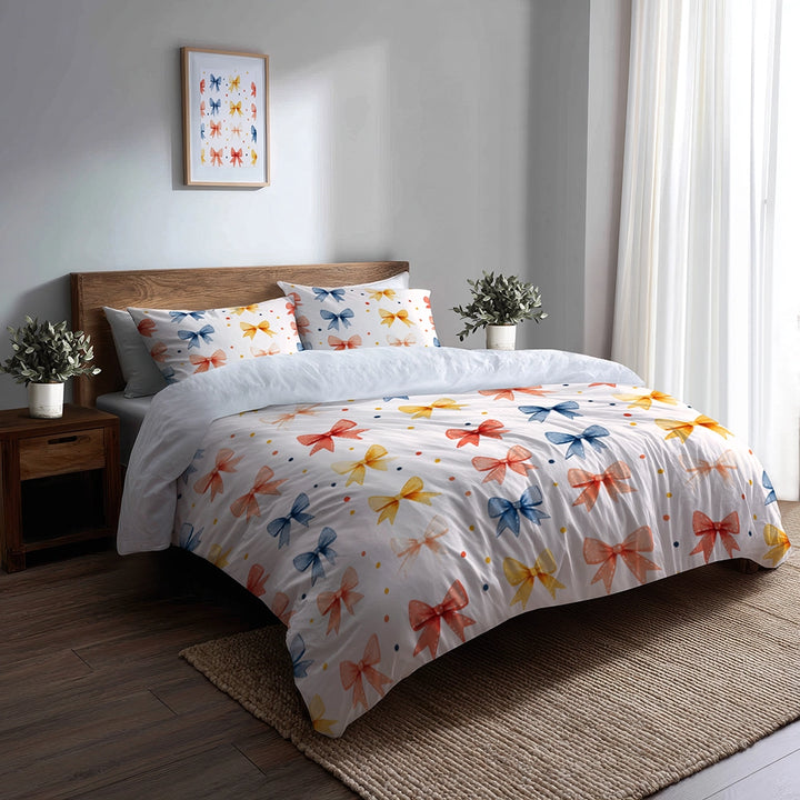 Dots 5 Pcs Bedding Set - Teens Ribbon Dots Duvet Cover And Pillow Set