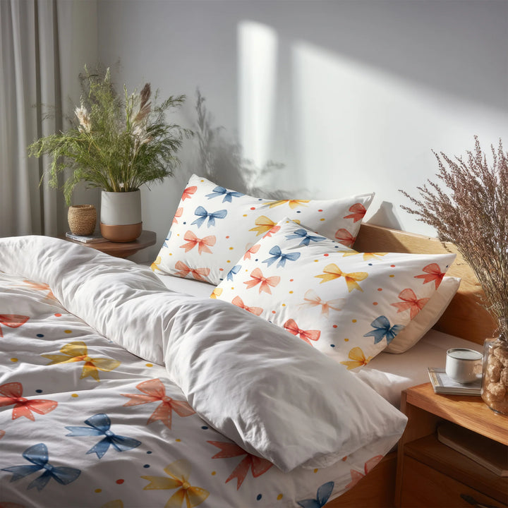 Dots 5 Pcs Bedding Set - Teens Ribbon Dots Duvet Cover And Pillow Set