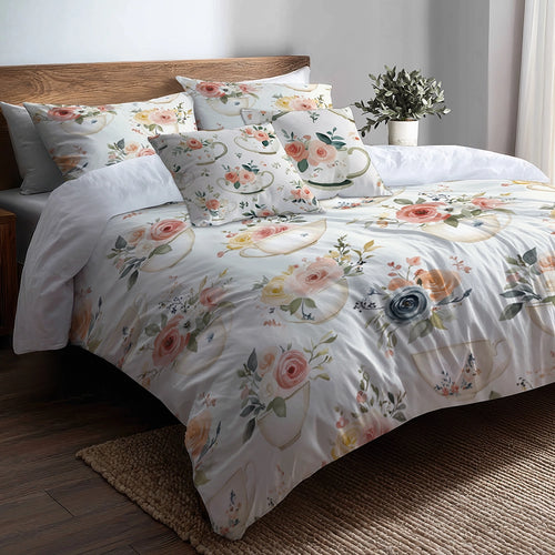 Vintage Look Bedding Set 5 Pcs - Farmhouse Teacup Heart Florals Duvet Cover And Throw Pillow Set