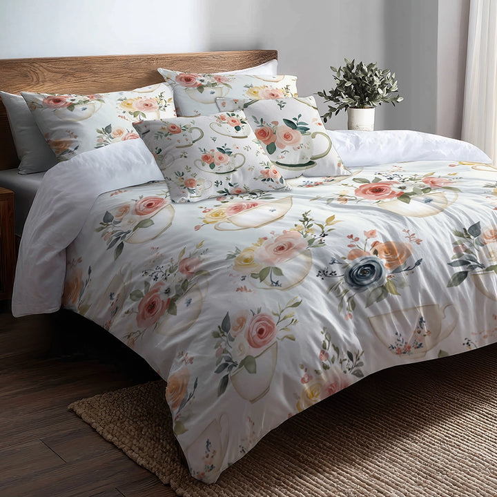 Vintage Look Bedding Set 5 Pcs - Farmhouse Teacup Heart Florals Duvet Cover And Throw Pillow Set