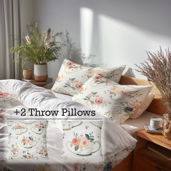 Vintage Look Bedding Set 5 Pcs - Farmhouse Teacup Heart Florals Duvet Cover And Throw Pillow Set