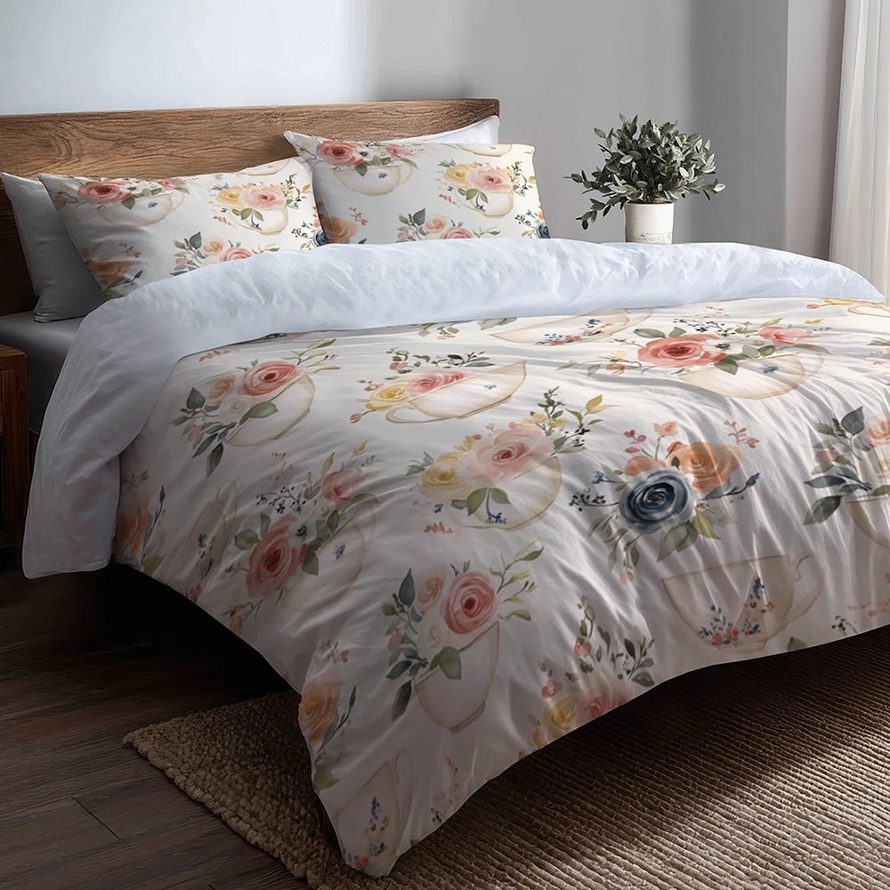 Vintage Look Bedding Set 5 Pcs - Farmhouse Teacup Heart Florals Duvet Cover And Throw Pillow Set
