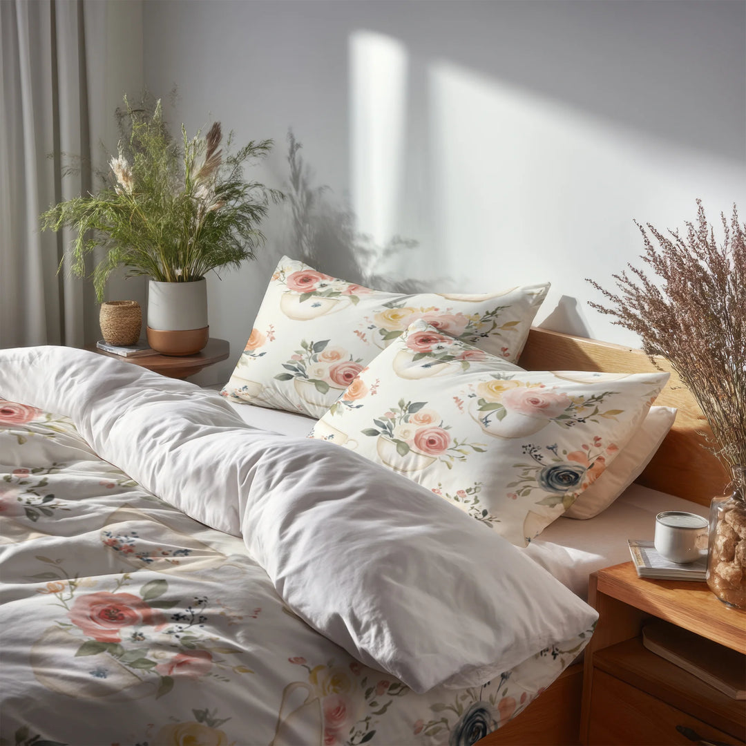 Vintage Look Bedding Set 5 Pcs - Farmhouse Teacup Heart Florals Duvet Cover And Throw Pillow Set