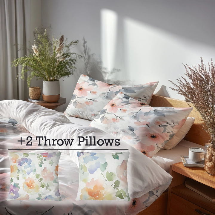 Floral 5 Pcs Bedding Set - Cloudy Blossoms Duvet Cover And Pillow Set