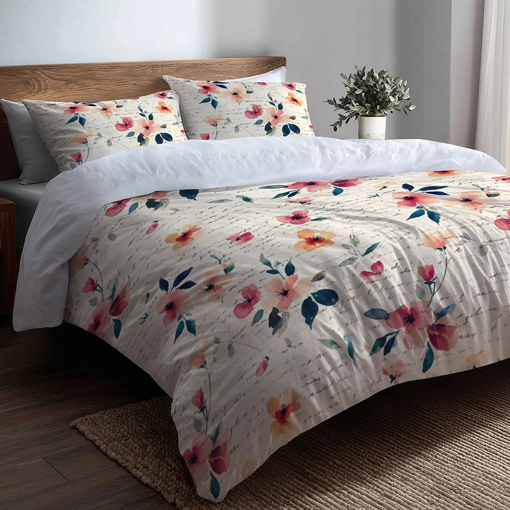 French Country Bedding Set of 5 - Cottage Script Floral Duvet Cover And Throw Cushion Set