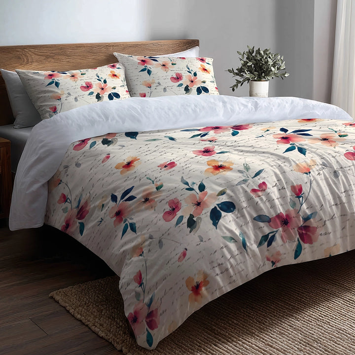 French Country Bedding Set of 5 - Cottage Script Floral Duvet Cover And Throw Cushion Set