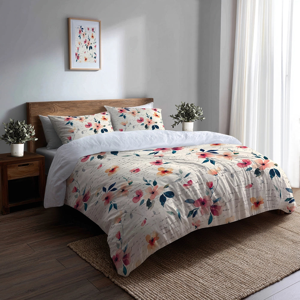 French Country Bedding Set of 5 - Cottage Script Floral Duvet Cover And Throw Cushion Set