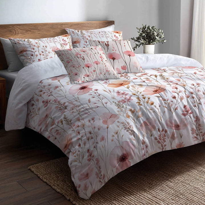 French Country Bedding Set - Cottage Pink Fields Duvet Cover And Cushion Set