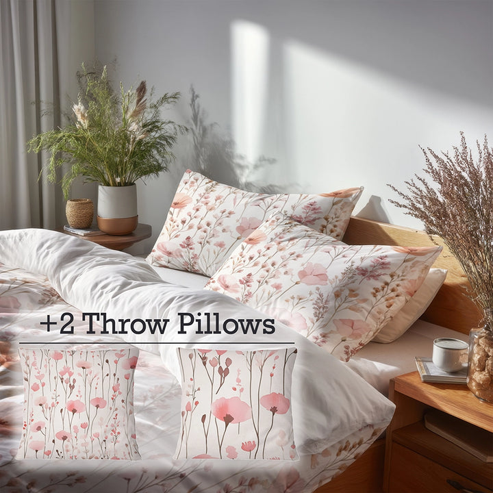 French Country Bedding Set - Cottage Pink Fields Duvet Cover And Cushion Set