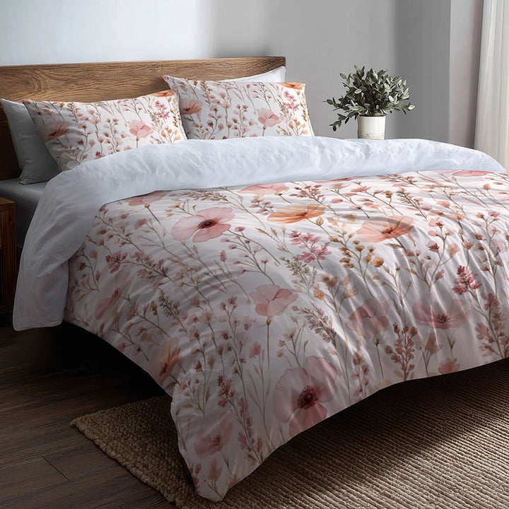 French Country Bedding Set - Cottage Pink Fields Duvet Cover And Cushion Set