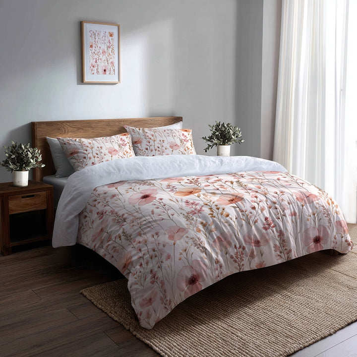 French Country Bedding Set - Cottage Pink Fields Duvet Cover And Cushion Set