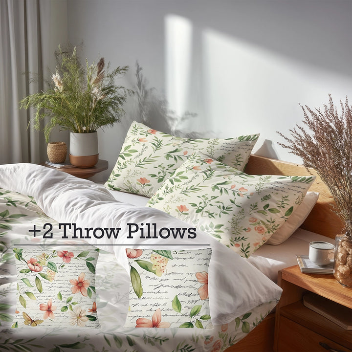 Floral Duvet Cover Set of 5 - Garden Letters Bedding And Throw Pillow Set