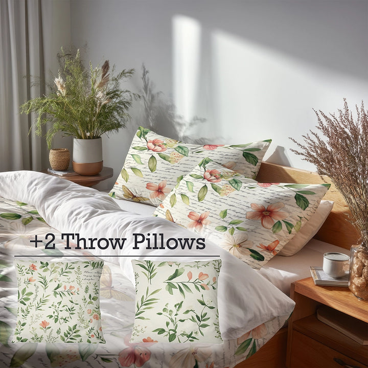 French Country Bedding Set of 5 - Garden Letters Duvet Cover And Throw Cushion Set