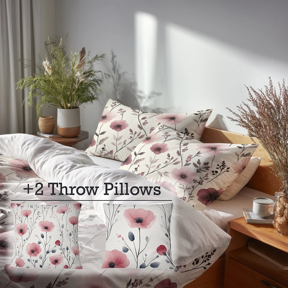 Country / Farmhouse Bedding Set of 5 - Rose Meadow Duvet Cover And Throw Pillow Set