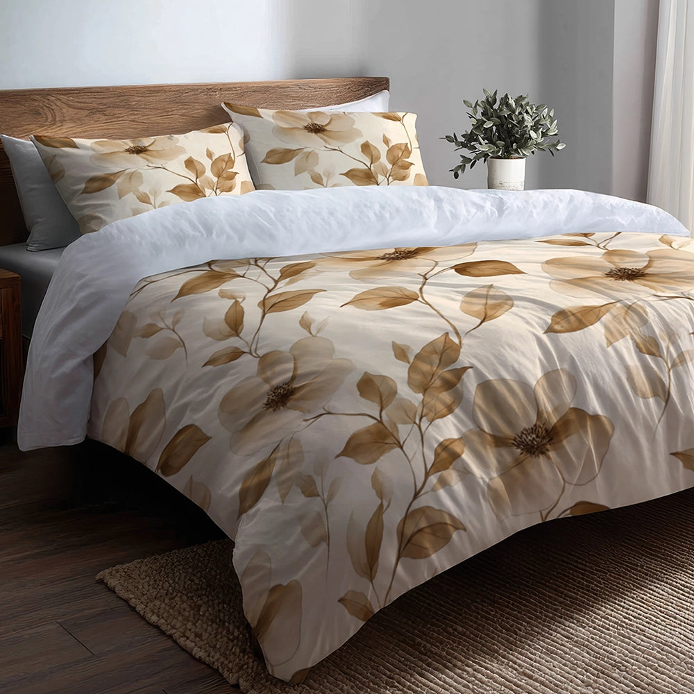 Vintage Look Bedding Set 5 Pcs - Sepia Petals Duvet Cover And Throw Pillow Set
