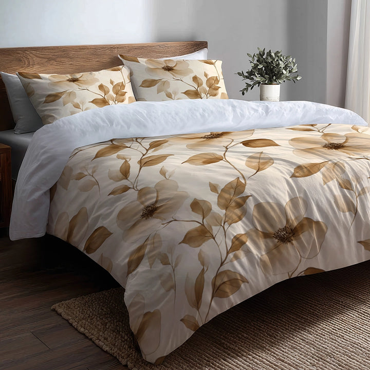 Vintage Look Bedding Set 5 Pcs - Sepia Petals Duvet Cover And Throw Pillow Set