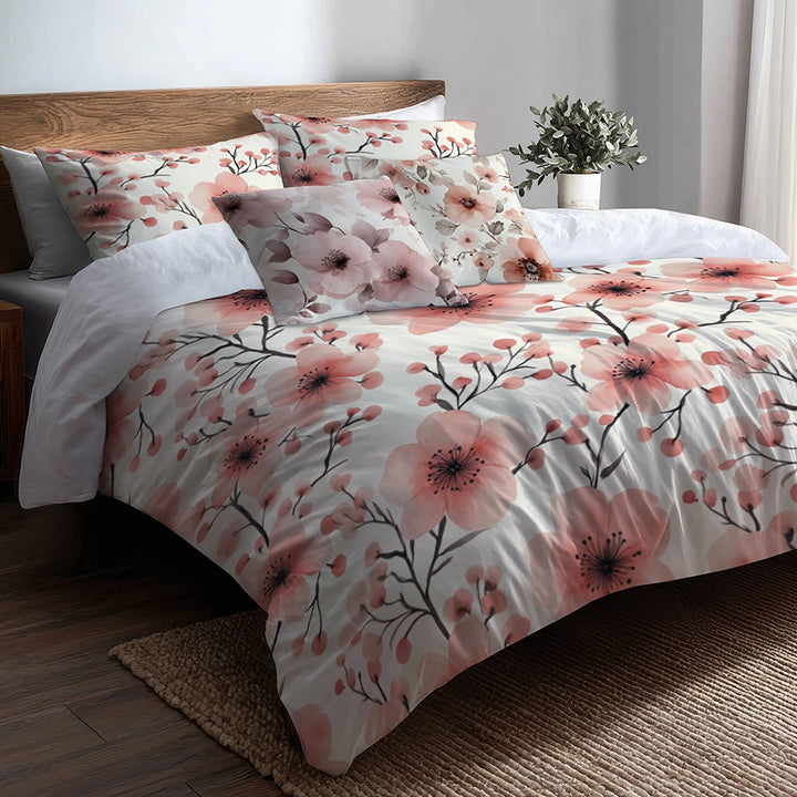 Country / Farmhouse Bedding Set of 5 - Pink Blush Blossoms Duvet Cover And Throw Pillow Set