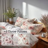 Country / Farmhouse Bedding Set of 5 - Pink Blush Blossoms Duvet Cover And Throw Pillow Set