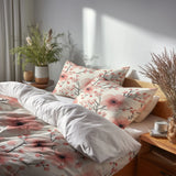 Country / Farmhouse Bedding Set of 5 - Pink Blush Blossoms Duvet Cover And Throw Pillow Set