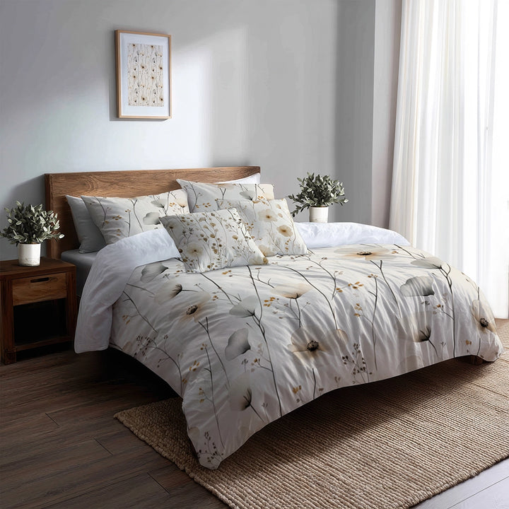 Country / Farmhouse Bedding Set of 5 - Cream Wildflowers Duvet Cover And Throw Pillow Set