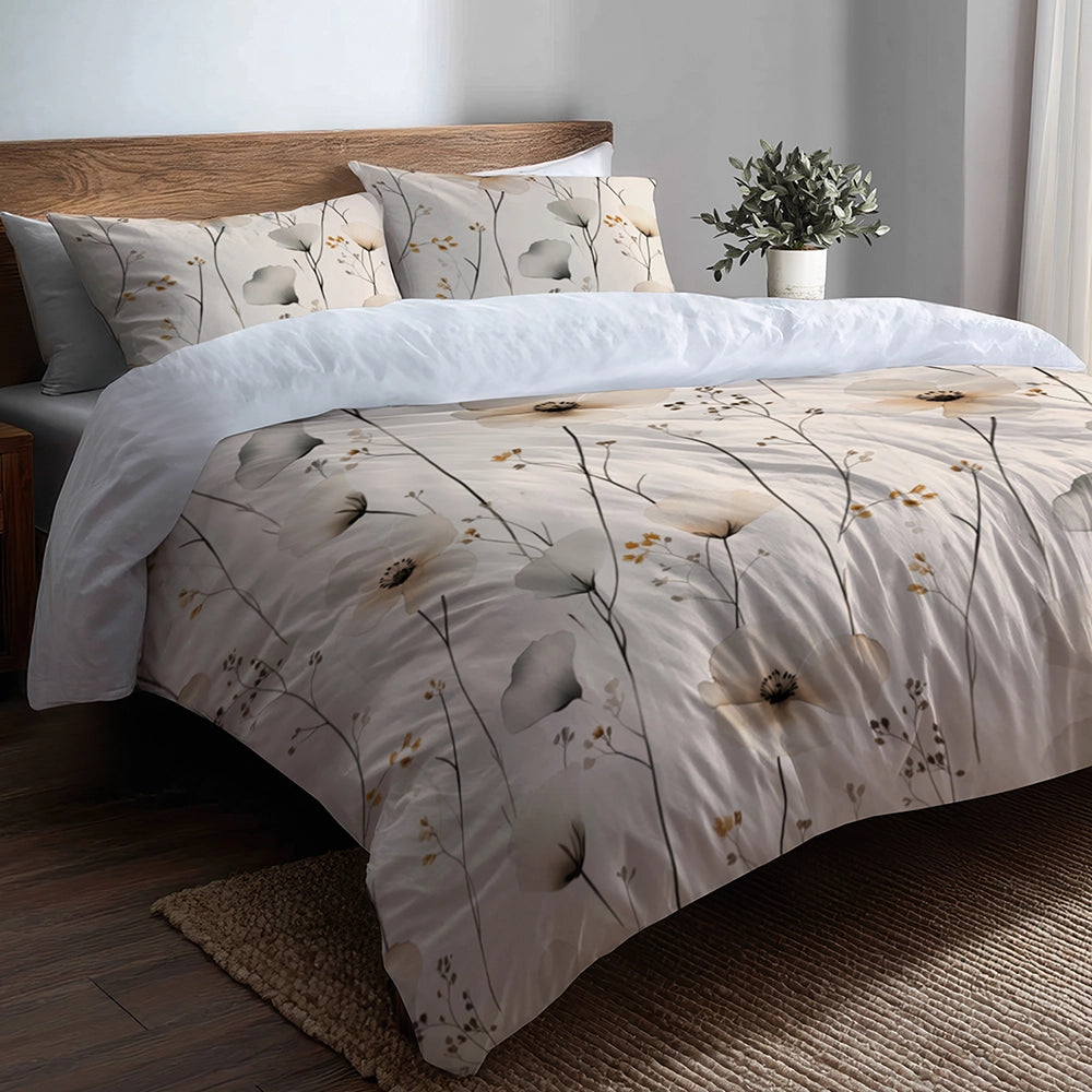 Country / Farmhouse Bedding Set of 5 - Cream Wildflowers Duvet Cover And Throw Pillow Set