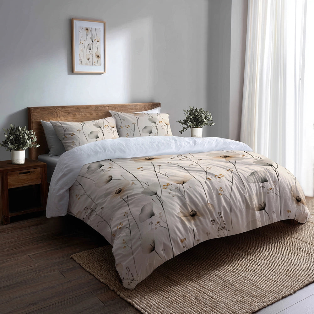 Country / Farmhouse Bedding Set of 5 - Cream Wildflowers Duvet Cover And Throw Pillow Set