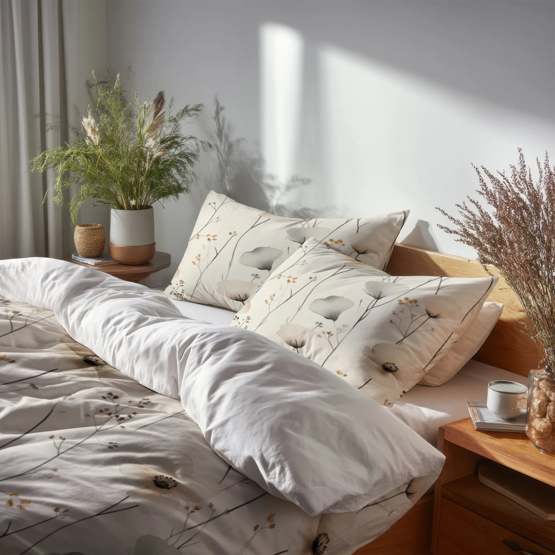 Country / Farmhouse Bedding Set of 5 - Cream Wildflowers Duvet Cover And Throw Pillow Set