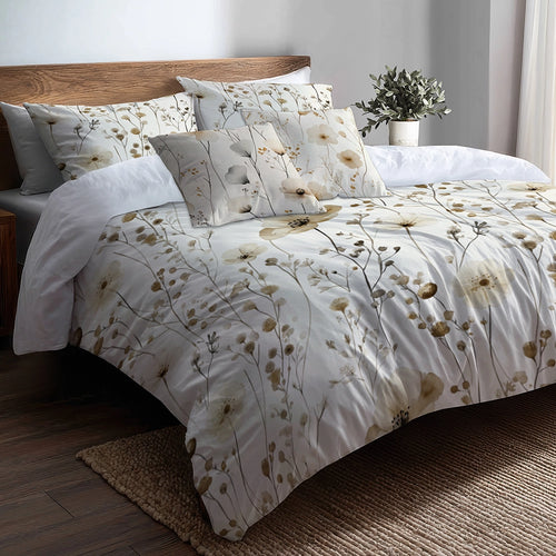 Floral 5 Pcs Bedding Set - Cream Wildflowers Duvet Cover And Pillow Set