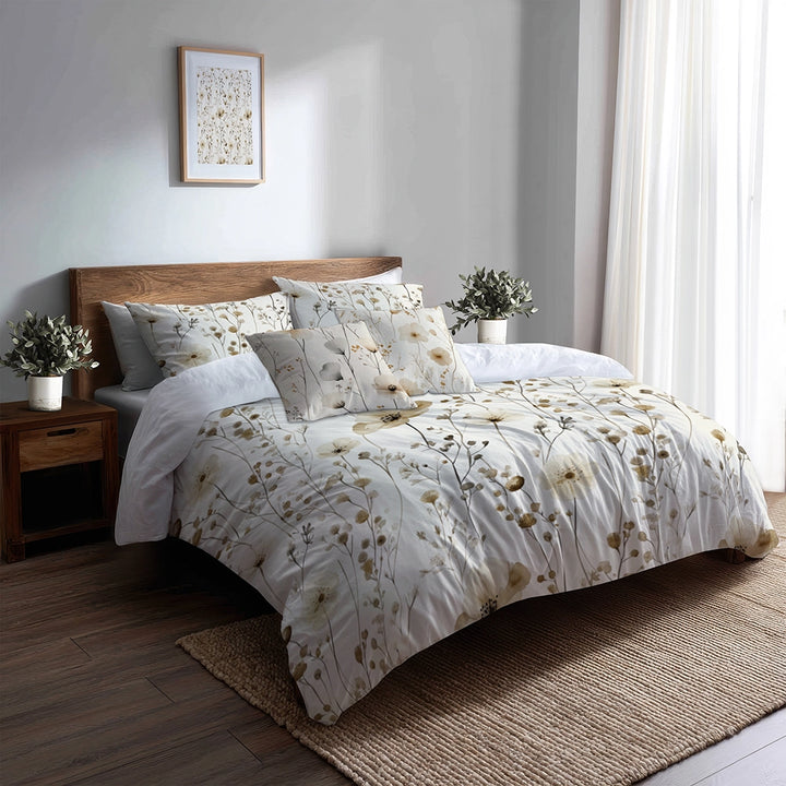 Floral 5 Pcs Bedding Set - Cream Wildflowers Duvet Cover And Pillow Set