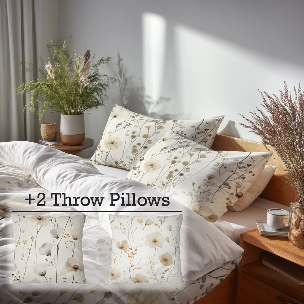Floral 5 Pcs Bedding Set - Cream Wildflowers Duvet Cover And Pillow Set