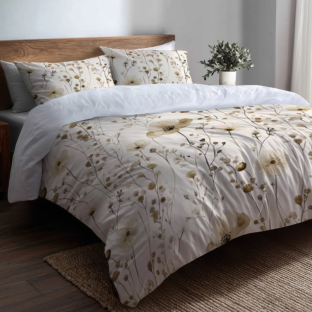 Floral 5 Pcs Bedding Set - Cream Wildflowers Duvet Cover And Pillow Set
