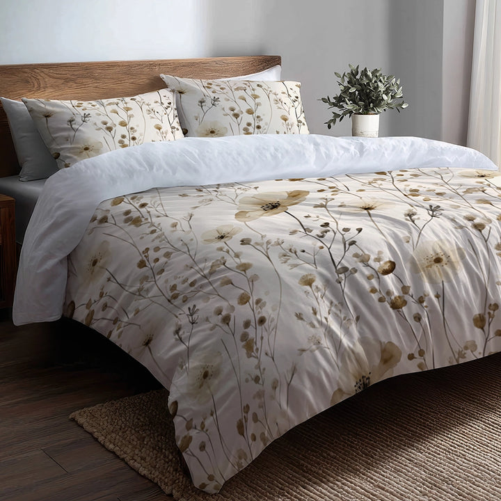 Floral 5 Pcs Bedding Set - Cream Wildflowers Duvet Cover And Pillow Set