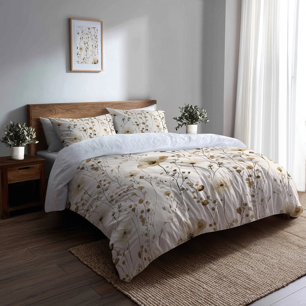 Floral 5 Pcs Bedding Set - Cream Wildflowers Duvet Cover And Pillow Set