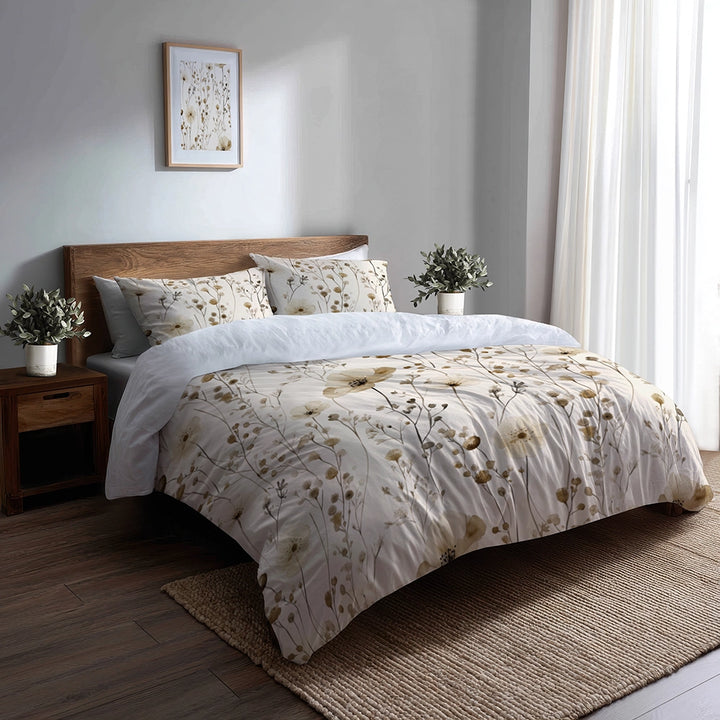 Floral 5 Pcs Bedding Set - Cream Wildflowers Duvet Cover And Pillow Set