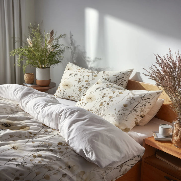 Floral 5 Pcs Bedding Set - Cream Wildflowers Duvet Cover And Pillow Set