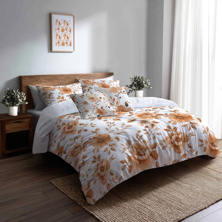 Floral 5 Pcs Bedding Set - Rust Cottage Florals Duvet Cover And Pillow Set