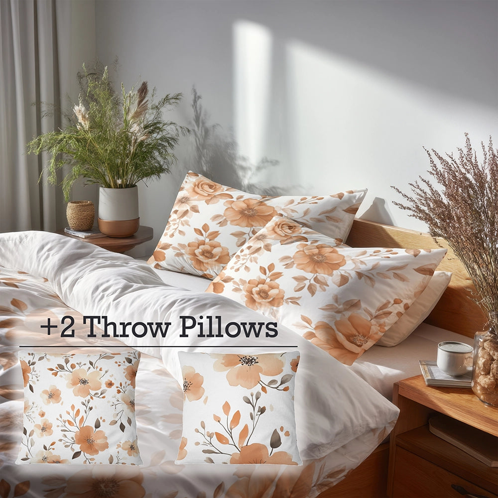 Floral 5 Pcs Bedding Set - Rust Cottage Florals Duvet Cover And Pillow Set