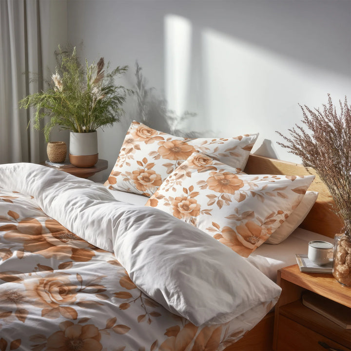 Floral 5 Pcs Bedding Set - Rust Cottage Florals Duvet Cover And Pillow Set