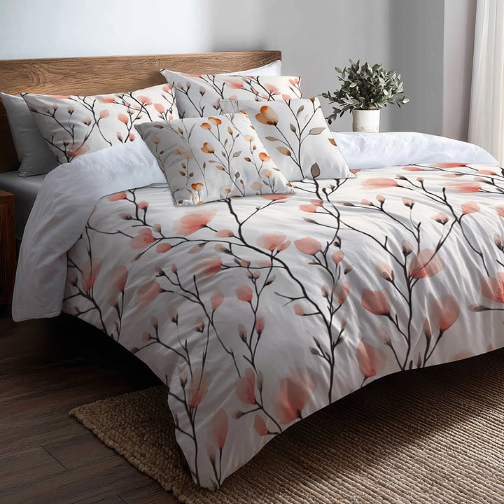 Floral Duvet Cover Set of 5 - Peach Stemline Bedding And Throw Pillow Set