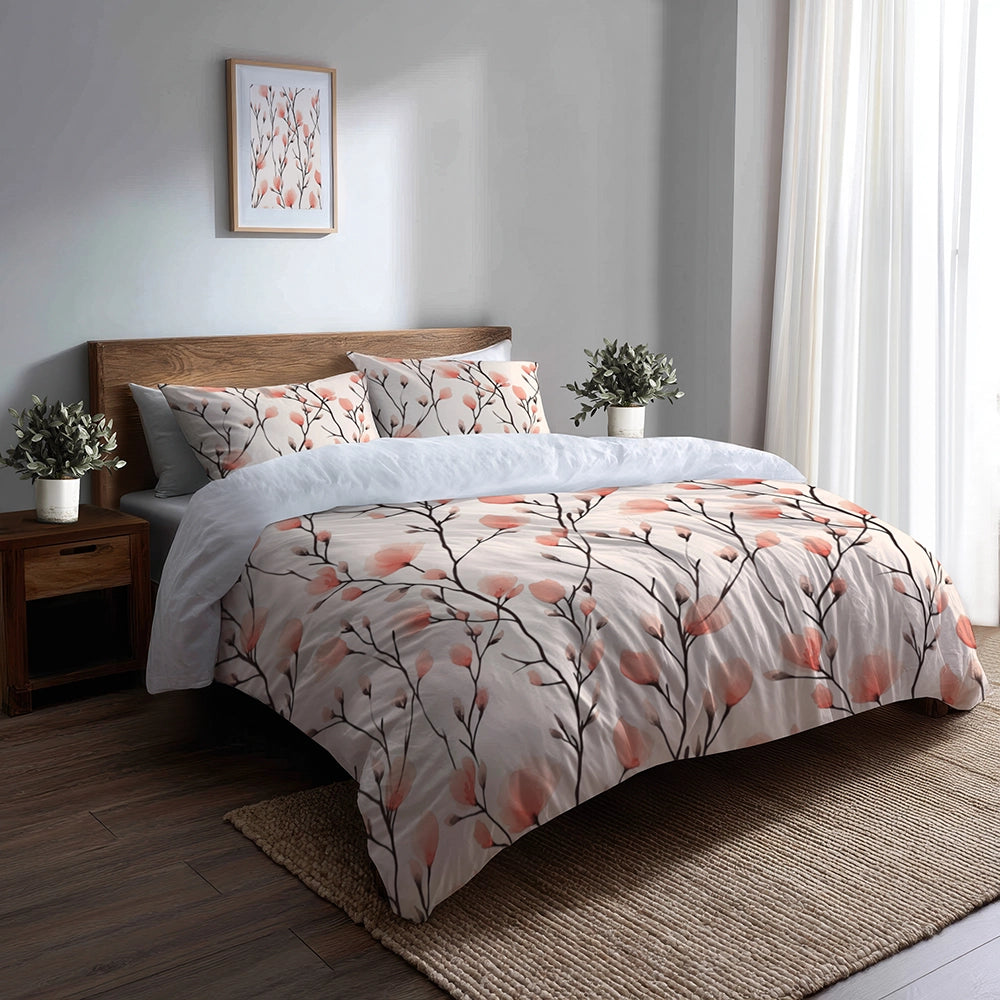 Floral Duvet Cover Set of 5 - Peach Stemline Bedding And Throw Pillow Set