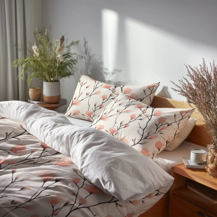 Floral Duvet Cover Set of 5 - Peach Stemline Bedding And Throw Pillow Set