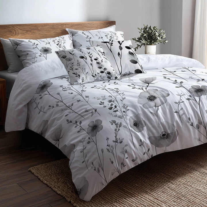 Floral Bedding Set 5 Pcs - Grey Flowers Meadow Duvet Cover And Throw Pillow Set